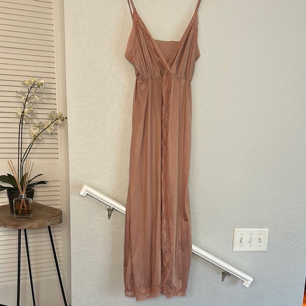 Vintage Avon Slip Dress Maxi Nightie Mauve Lace Sexy Coquette Nylon Open Slit